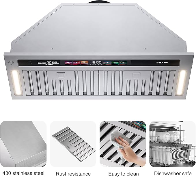 BRANO Range Hood Insert 30 Inch, 900 CFM Smart Voice/Gesture/Touch Control, 4 Speed Exhaust Fan, Stainless Steel Kitchen Hood with Charcoal Filter, Ducted/Ductless Convertible