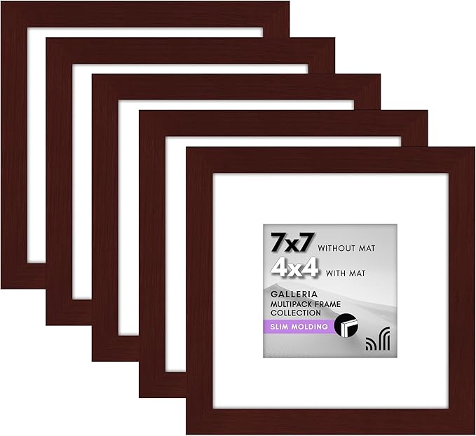 Americanflat 7x7 Picture Frame with Polished Plexiglass - Set of 5 - Use as 4x4 Frame with Mat or Display 7x7 Photo Without Mat - Galleria Collection - Square Frames for Tabletop and Wall - Mahogany