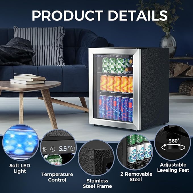 COWSAR 1.7 Cu Ft Beverage Refrigerator and Mini Fridge Cooler - 68 Can Capacity, Glass Door, Quiet Operation, LED Temperature Control, Holds 16 Wine Bottles for Bar, Home, Office