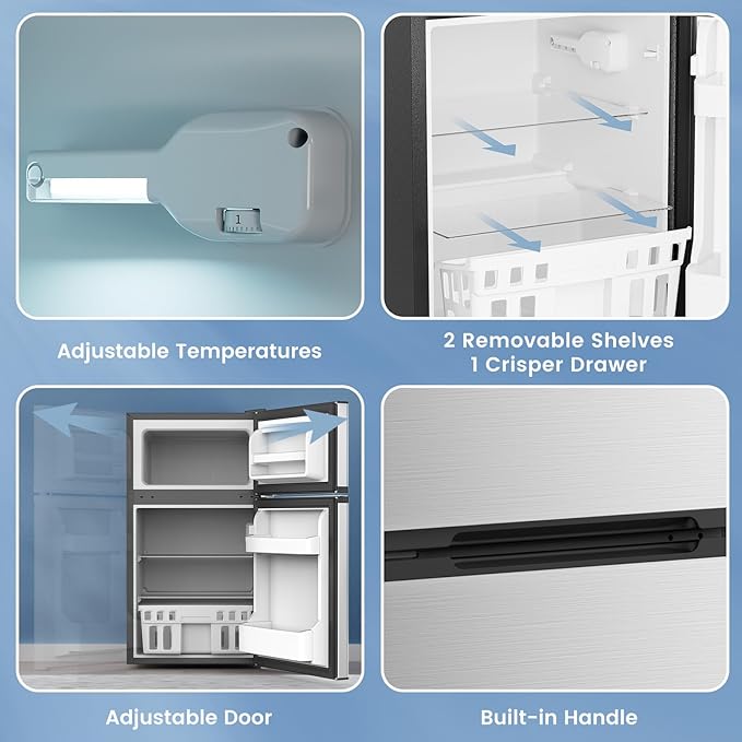3.2 Cu.Ft Mini Fridge with Freezer, Compact Refrigerator with 2 Doors, Small Fridge with Adjustable Thermostat & Removable Glass Shelves for Bedroom, Office, Dorm, or Apartment, Silver