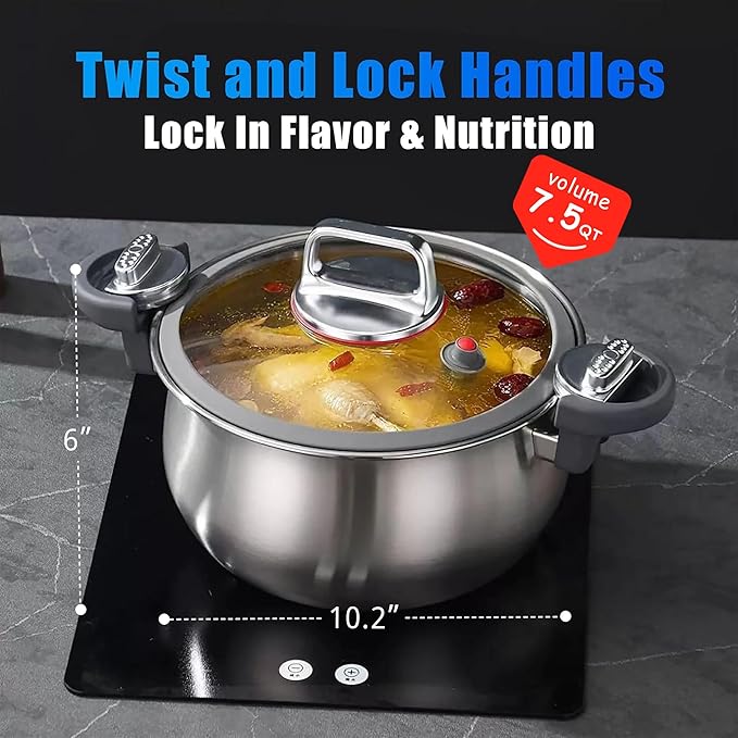 WELLOXY Tri-Ply Stainless Steel Stock Pot - 7.5Qt Heavy-Duty Stew Pots for Soup Gumbo Pasta with Tight-Fittng Lid for Faster Cooking, Healthy Kitchen Cookware on Induction & Gas Stovetop