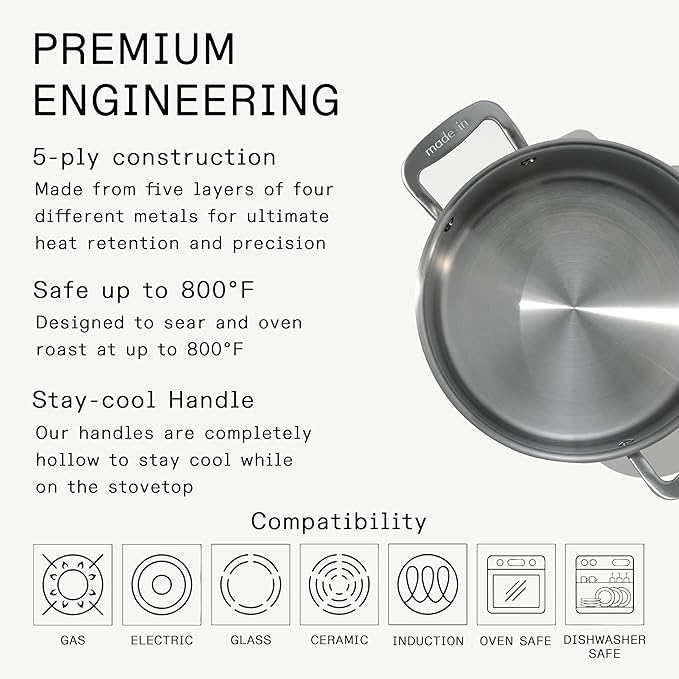 Made In Cookware - 6 Quart Stainless Steel Stock Pot With Lid - 5 Ply Stainless Clad - Professional Cookware - Crafted in Italy - Induction Compatible