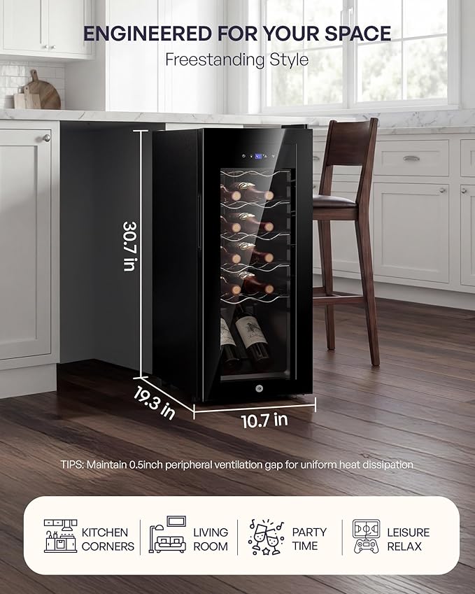 12 Bottle Compressor Wine Cooler Refrigerator, Freestanding Wine Cellar with Glass Door & Safety Lock, Wine Fridge with 37°F-64°F Digital Temperature Control for Red, White, Champagne, Black