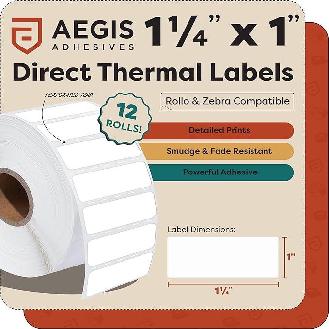 Aegis Adhesives - 1 1/4" X 1" Direct Thermal Labels (12 Rolls, 1300 Labels/Roll) Multipurpose QR Codes, Price Tags - Perforated, Compatible with Zebra Desktop Printers - NOT Rollo Compatible