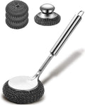 5Pcs Steel Wool Scrubber, Stainless Steel Scrubber Set with Long & Short Handle & 3Pcs Pads, Metal Scrubbers for Cleaning Kitchen,Household,Dishes,Wash Sink,Pots,Pans,Cast Iron,Grills,Stoves