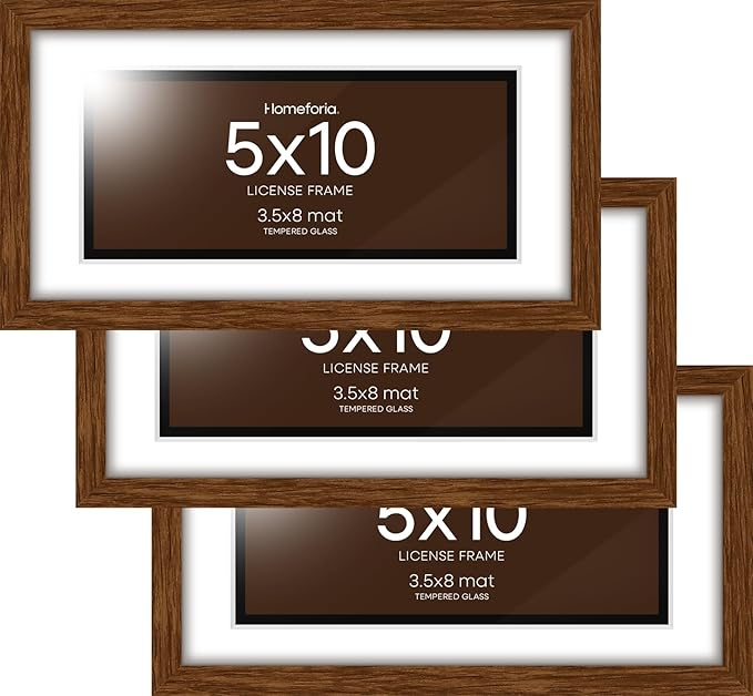 Homeforia 5x10 Business License Brown Frame, High End Dark Oak 5 x 10 Wood Document Certificate Frames with Mat 4x9, 5by10 Walnut Wooden Frames for Wall or Tabletop, Tempered Glass, Wall Kit, Set of 3