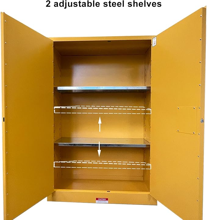 43" x 18" x 65" Steel Flammable Liquid Cabinet, Industry Safety Storage, 45 Gal Flammable Safety Cabinets with 2 Adjustable Shelves 2 Manual Doors for Industrial Use, Yellow,Cold Rolled Steel