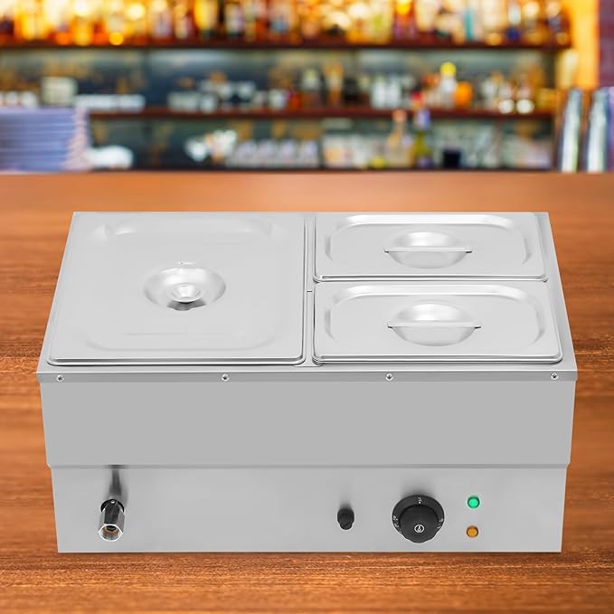 Commercial Food Warmer Stainless Steel Bain Marie Buffet Food Warmer Steam Table Electric Countertop Steam Table Container with 86-185°F Temp Control for Catering Restaurants (3-Pan)
