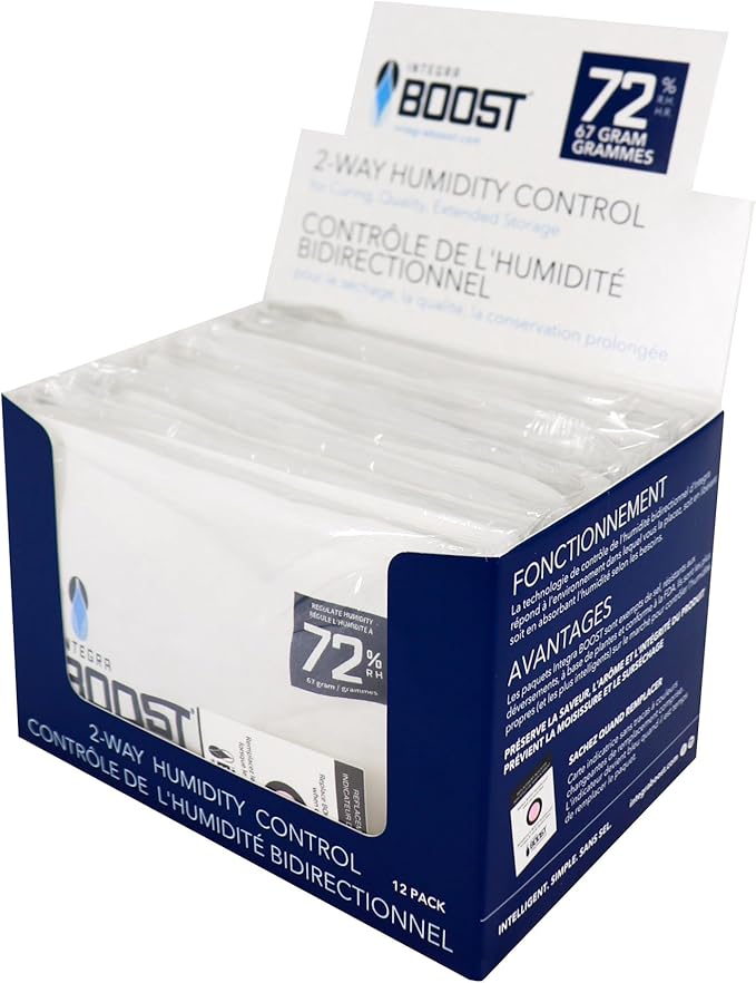 Integra Boost - 72% RH Level - 67 Gram Size - Two-Way Humidity Control Pack - Incl. Replacement Indicator Cards - Food Storage & Herbs Moisture Balancer For Up to 1 LB (Pack of 12)