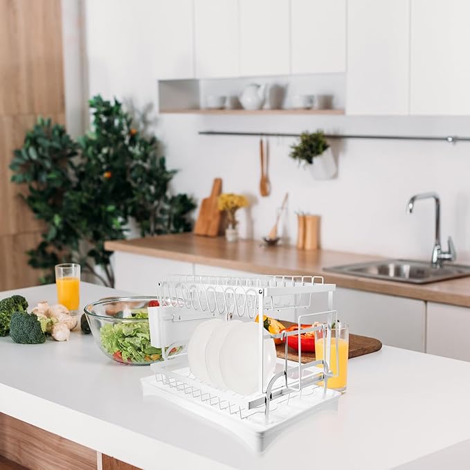 Bowl Draining Rack and Kitchen Dish Draining Stand, White Multifunctional Countertop Drying Rack with Cutting Board Holder and Utensil Cup, Dishwasher Safe for Home Kitchen
