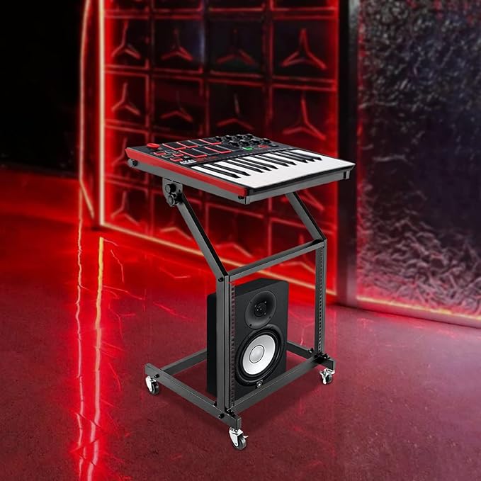 DJ Mixer Stand, 2-Layer Audio Device Rack with 4 Wheels, Audio Studio Mixer Stand for Homes Offices Stage Concert Studio Equipment Rolling Stage Cart (9U)