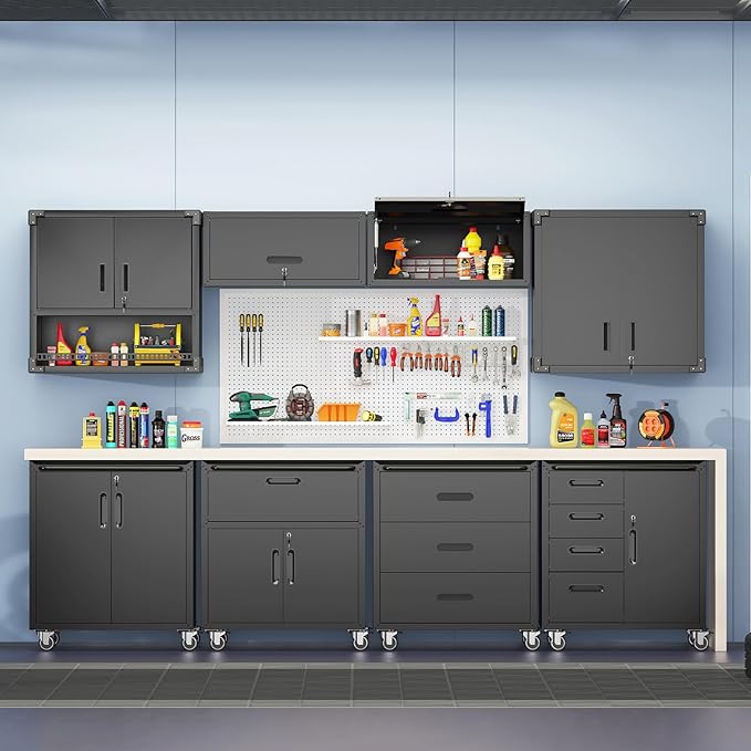 Metal Garage Black Wall Cabinet with Flip UP Door, Lockable Tool Cabinets Garage Cabinet Wall Mounted, Heavy Duty Steel Metal Storage Cabinet for Kitchen Laundry Warehouse, Assembly Required