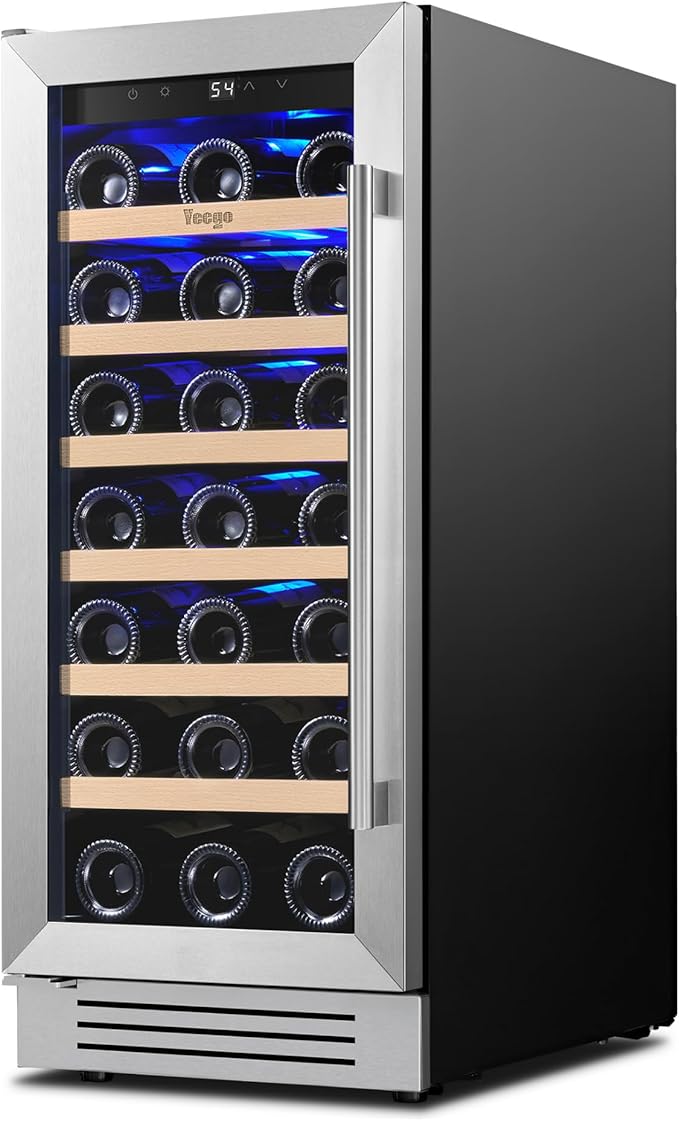 Yeego 15 Inch Wine Fridge Cooler - 33 Bottles Wine Cooler with Glass Door, 40-65℉ Built-In or Freestanding Refrigerator, Under Counter Wine Fridge for Kitchen Bar Office (Left-Hinged)