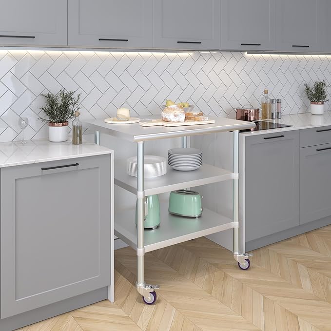 AmGood Stainless Steel Work Table with 2 Shelves and Casters | Metal Utility Table On Wheels (Stainless Steel Work Table with 2 Shelves + Casters, 36" Long x 30" Deep)