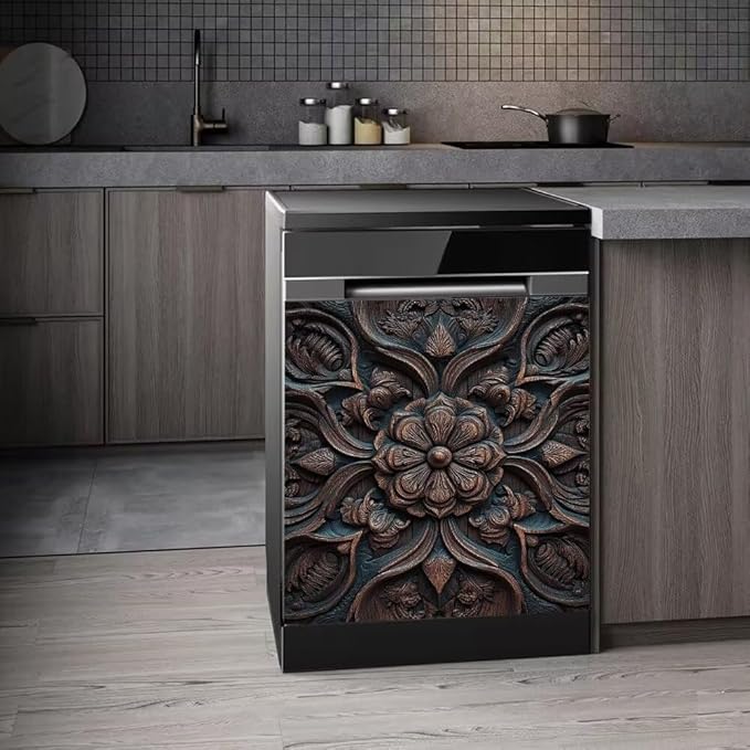 Vintage Wood Flower Dishwasher Magnet Cover, Farm Wooden Carved Floral Magnetic Dishwasher Covers for Front, Farmhouse Fridge Magnets Refrigerator Skin Panel Cover, 23"x 17"