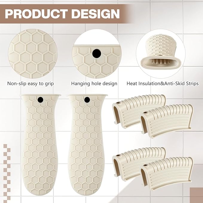 Patelai 8 Pcs Silicone Pot Holders Set Cast Iron Handle Cover Heat Resistant Pot Handle Covers Potholder Non Slip Reusable Pan Sleeve for Frying Pan Kitchen Supplies(Khaki)