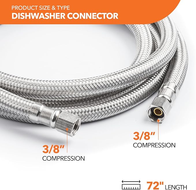 Universal Dishwasher Installation Kit, 3/8" Compression, 6ft long Braided Stainless Steel Hose + 3/4" Hose Bibb Elbow + 3/8" Compression Elbow & Compression Adaptor + 1/2" Compression Adaptor