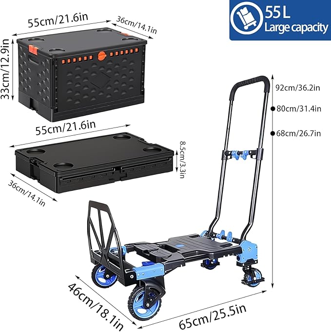 Folding Hand Truck Dolly Capacity Collapsible Heavy Duty Utility Cart with Adjustable Handle Convertible Trolley for Luggage Moving Camping Home Office (Blue Storage Bin Set, Box 55cm*36cm*33cm)
