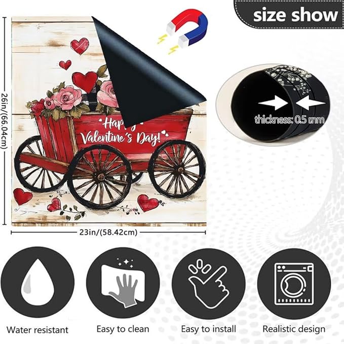 Happy Valentine's Day Dishwasher Magnet Cover,Rustic Red Wagon Floral Magnetic Dishwasher Cover Vinyl Sticker,Roses Fridge Door Cover Magnets Art Skin Panel Decal,Home Decor Decal,23"X26"