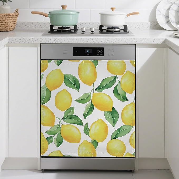 Magnetic Dishwasher Cover,Lemon Reusable Dishwasher Magnetic Cover Green Leaves Decorative Door Covers Panel for Home Kitcen 23" x 26"