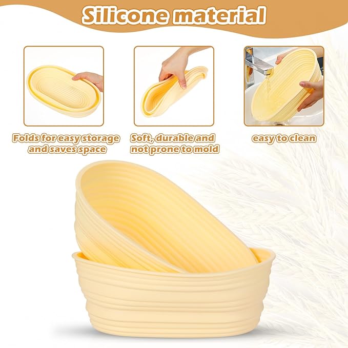 Nuogo 4 Pack Oval Bread Proofing Basket Silicone 10 Inch Collapsible Sourdough Bread Baking Supplies Dough Proofing Bowl with 4 Pcs Dough Scraper and 4 Pcs Basket Covers(Yellow)