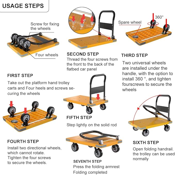 WUD Push Cart, Folding Mobile Platform Trolley,Thickened and Reinforced, 360° Swivel Wheels,28.3 “L x 18.9 ”W, 440 lb. Grey Dolly cart with Wheels