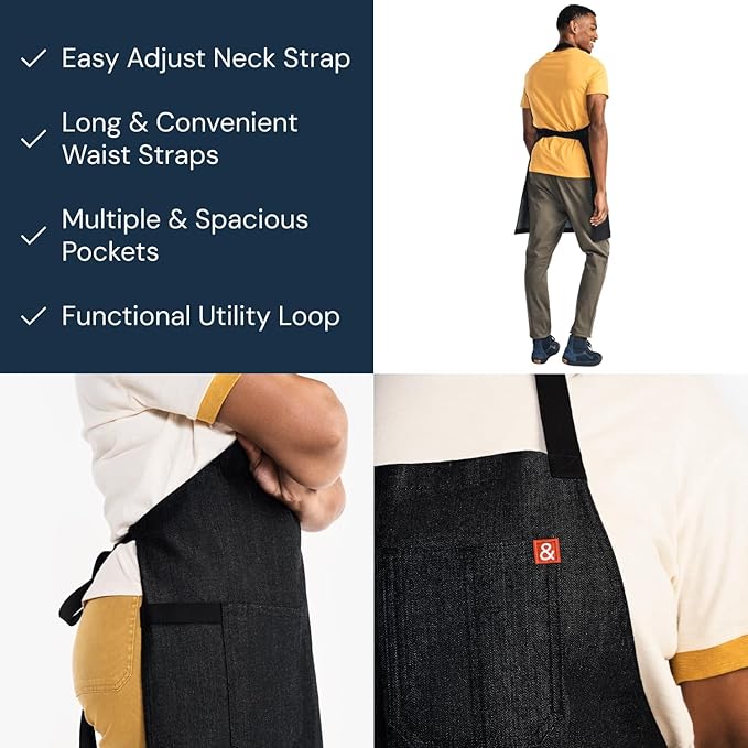 hedley & bennett Essential Apron - Heavy-Duty Denim Kitchen Apron with Pockets & Towel Loop - Professional Chef Workwear for Cooking & Grilling - Abalone