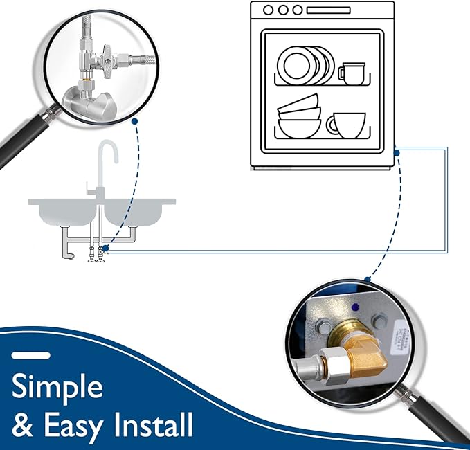 Dishwasher Installation Kit - 10 FT Stainless Steel Braided Dishwasher Hose kit,Food Grade PEX Inner Tube Water Line with 3/8"x 3/8"x 3/8" Tee Stop Valve,3/8"x 3/8"MIP Elbow,3/8"x 3/4"FHT Elbow