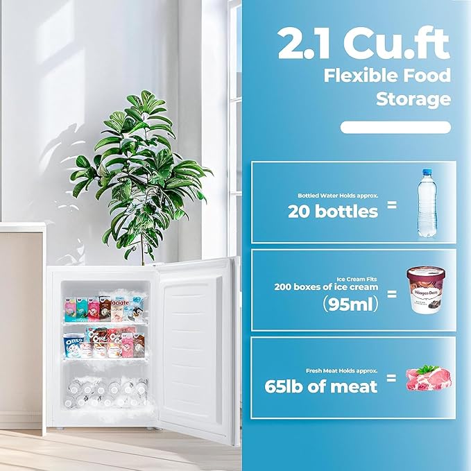 2.1 Cu.ft Small Freezer, Mini Upright Freezer with 7 Adjustable Thermostat, Removable Shelves, Reversible Single Door, for Bedroom/Home/Dorms/Apartment (White)