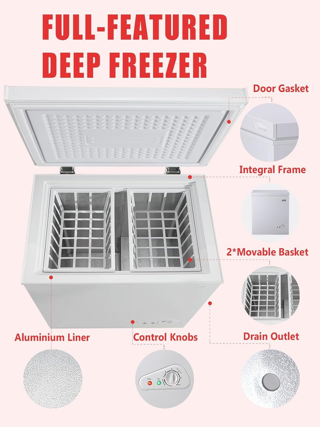 7.0 Cu.Ft Chest Freezer 7 Gears Temperature Control(-4°F to 6.8°F), Deep Compact Freezer with A Removable Basket, for House, Kitchen, Garage, Basement, Shop, White