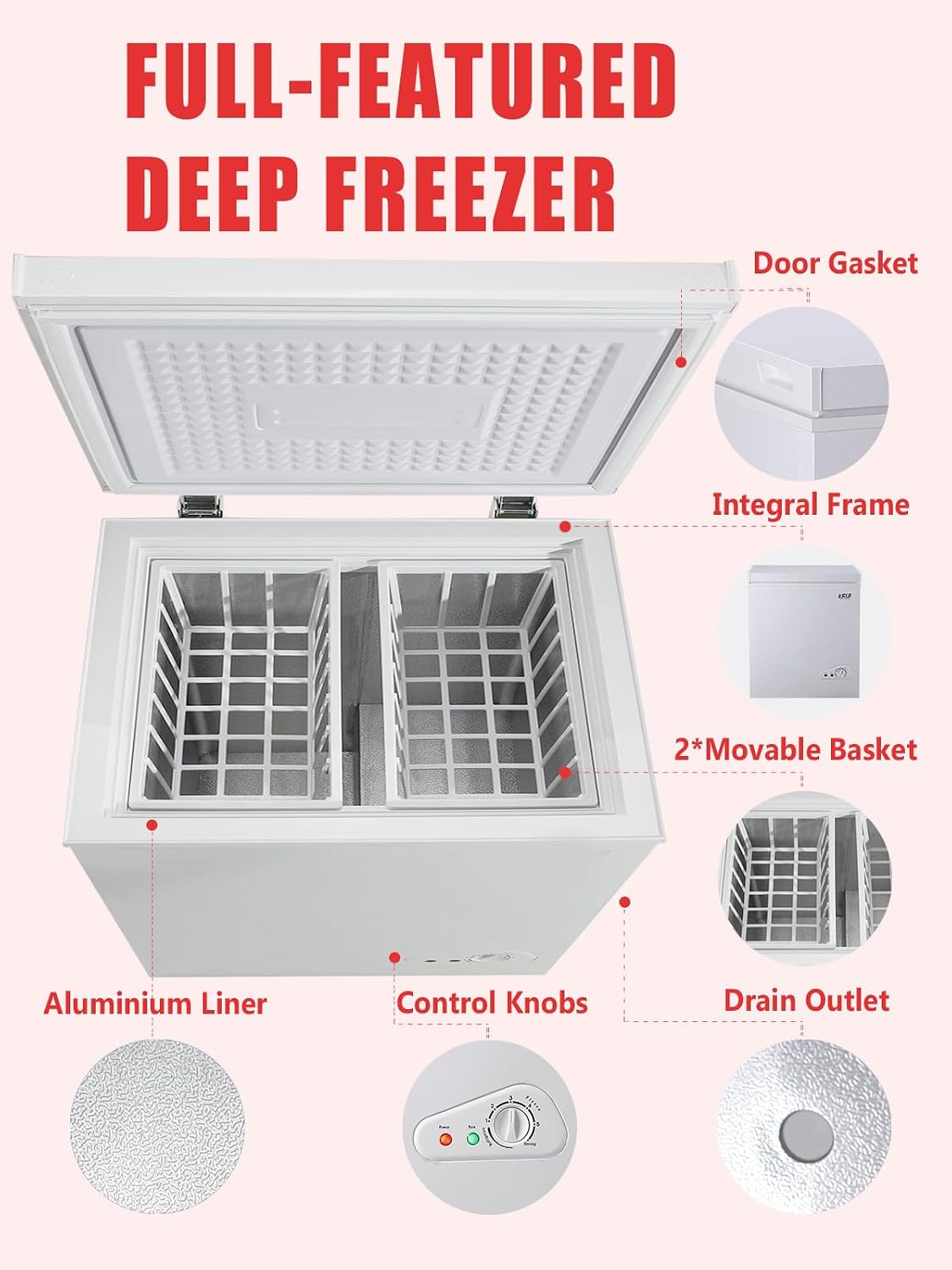 7.0 Cu.Ft Chest Freezer 7 Gears Temperature Control(-4°F to 6.8°F), Deep Compact Freezer with A Removable Basket, for House, Kitchen, Garage, Basement, Shop, White