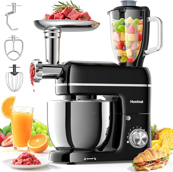 Stand Mixer, 7-IN-1 6.5QT 660W Multifunctional Electric Kitchen Mixers with Blender, Meat Grinder, Dough Hook, Whisk and Beater, 8-Speed Food Mixer for Baking, Cooking, Food Processing, Black