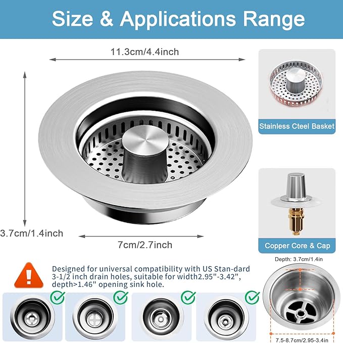 3 in 1 Kitchen Sink Drain Strainer, Pop Up Sinks Stopper with Anti-Clogging Basket, Plug for Drains Strainers, Stainless Steel Food Catcher, Fast Drainage Odor Filter for US Standard 3-1/2" Drains