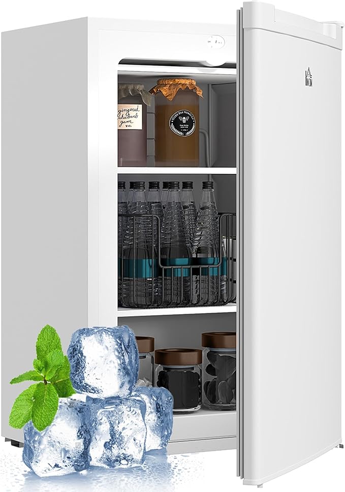 HOMCOM Mini Freezer Countertop, 3 Cu.Ft Compact Upright Freezer with Removable Shelves, Reversible Door for Home, Dorm, Apartment and Office, White