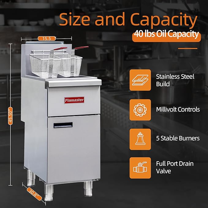 Commercial Gas Floor Fryer with 2 Baskets, 120000 BTU Natural Gas Fryer-Only Commercial Use, 4 Heating Tubes, 55 lb Oil Capacity Deep Fryer for Restaurants, Fast Food, Food Trucks