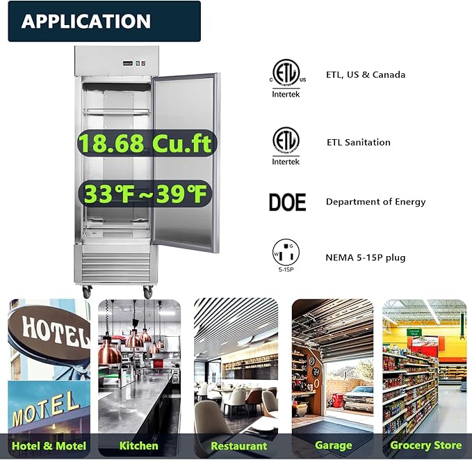 Commercial Refrigerator 27"W Single Solid Door Stainless Steel Interior and Exterior Construction Upright Fan Cooling 18.68 Cu.ft. for Restaurant, Bar, Shop