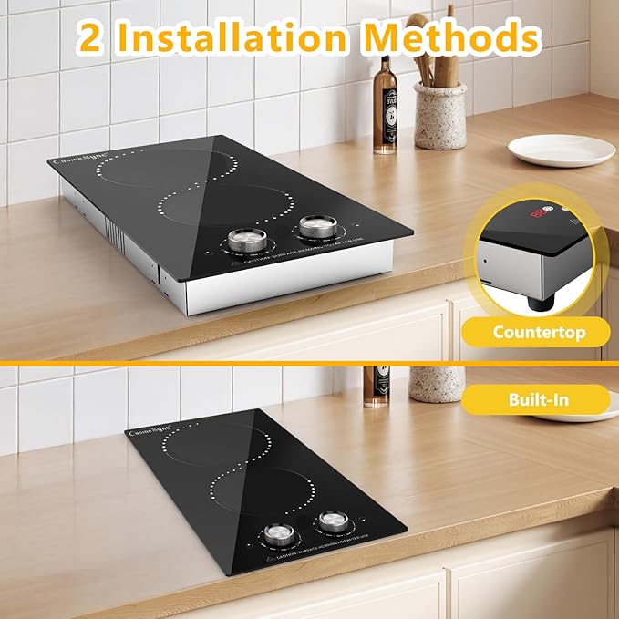 12 Inch Electric Cooktop, 2 Burner Electric Stove Top with 9 Power Levels, Knob Control, Auto shutdown and Residual Heat Warning, 2000W, Ideal for Countertop & Built-In Use (110-120V)
