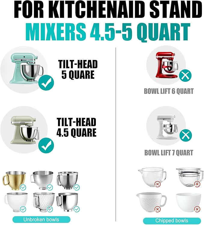 Upgraded 4.5-5QT Silicone Bowl Liners for KitchenAid Mixer, Thick Design with Pour Spout, Measurement Marks & Hanging Holes for Easy Storage, 3-Pack with Lids, No-Spill & Space-Saving