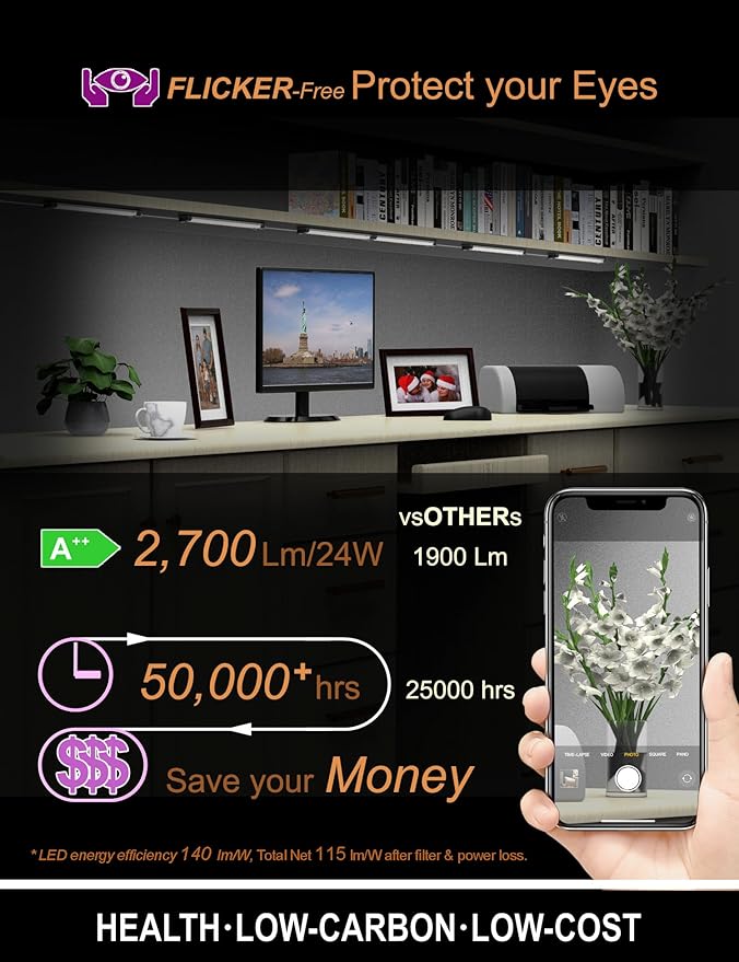 LED Under Counter Lights for Kitchen Touch Under Cabinet Lighting Built-in Adjustable Cable No Messy Wires! 6 Pcs Cabinet Light 3000K 2700Lm 5 External-Cable for Garage Pantry Closet Timer Smart Plug
