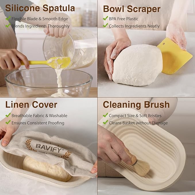 Wood Pulp Banneton Bread Proofing Basket Set, Banneton Basket Kit, Sourdough Bread Baking Supplies Making Tool (Oval Banneton Basket Set)