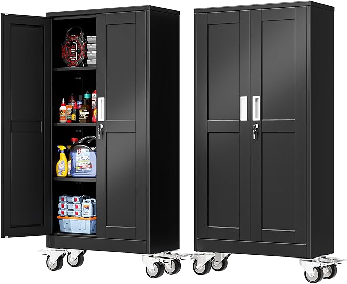 61''H Metal Garage Storage Cabinet with Wheels,Steel File Cabinets with 2 Doors and 3 Adjustable Shelves for Home Office, Warehouse, Required Assembly,Black