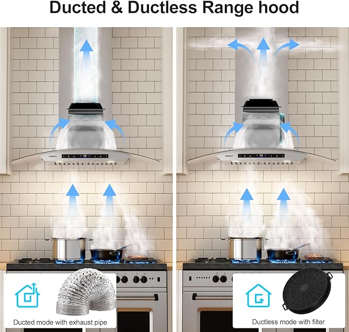 30 inch Wall Mount Range Hood 900 CFM Ducted/Ductless Convertible, Kitchen Chimney Vent Stainless Steel with Gesture Sensing & Touch Control Switch Panel, 2 Pcs Adjustable Lights