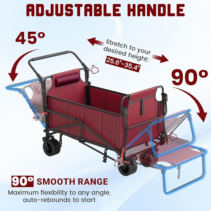 LEVELEVE Heavy Duty Folding Wagon - 2-in-1 Collapsible Cart, 650lb Capacity, All-Terrain Wheels w/Brakes & Side Pockets (Red)