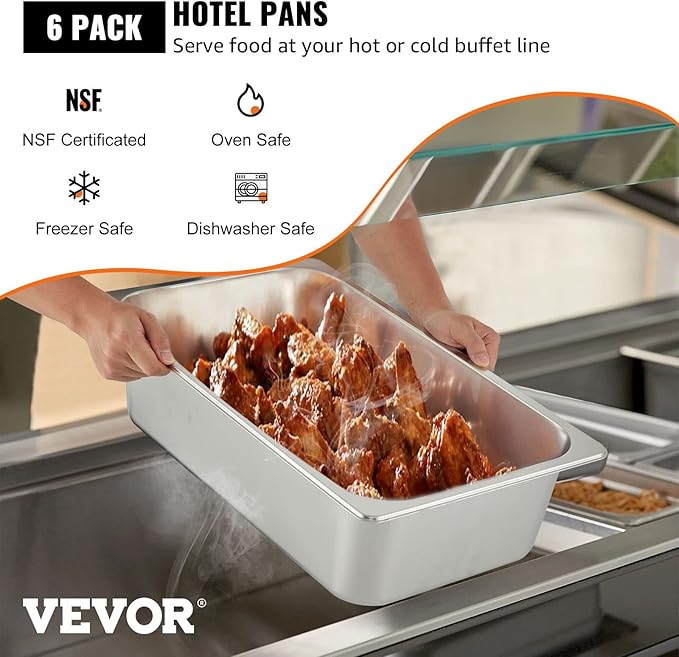 VEVOR 6 Pack Hotel Pans, Full Size 6-Inch, Stainless Steel Steam Table Pans，Anti-Jam Catering Trays for Steam Tables, for Home, Party, Restaurant, Hotel, Buffet