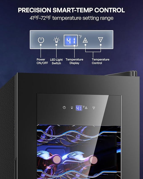 12 Bottle Compressor Wine Cooler Refrigerator, Freestanding Wine Cellar with Glass Door & Safety Lock, Wine Fridge with 37°F-64°F Digital Temperature Control for Red, White, Champagne, Black