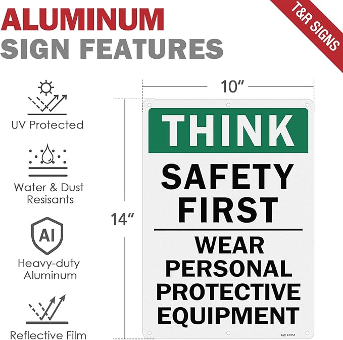 T&R Large Think Safety First Sign Wear Personal Protective Equipment - 14 x 10 Inches Rust Free .040 Aluminum Reflective - UV Protected, Waterproof and Fade Resistant - 6 Pre-drilled Holes