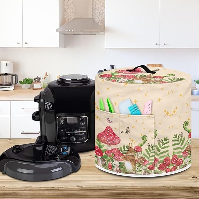 TODIYADDU Mushroom Rabbit Pressure Cooker Cover for Women Floral Butterfly Instant Pot Cover with Handle and Pocket for Rice Cooker Air Fryer Universal Kitchen Appliance Covers Storage Case Gifts