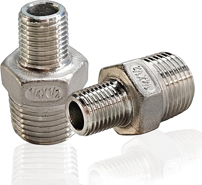 ZOUNI Reducing Hex Nipple, 304 Stainless Steel 1/2" NPT Male x 1/4" NPT Male Pipe Fitting Reducer Nipple Adapter 2000psi Reducer Straight Connector (2pcs, 1/2-1/4)