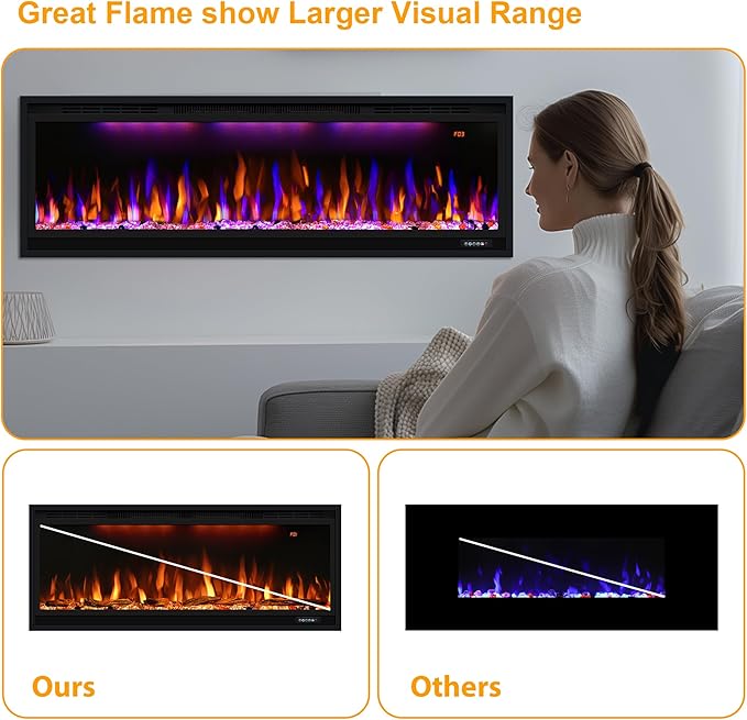 84 inch Smart Electric Fireplaces with App Control, Slim Recessed and Wall Mounted Fireplace Heater for Living Room, Multicolor Flame, Overheating Protection, WiFi-Enabled, Timer, 1500W, Black