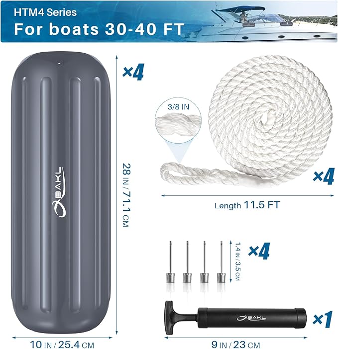 Boat Fenders 4 Pack 10 x 28 Inches Ribbed Center Hole Boat Fenders Bumpers for Docking, Comes with Ropes and Pump to Inflate